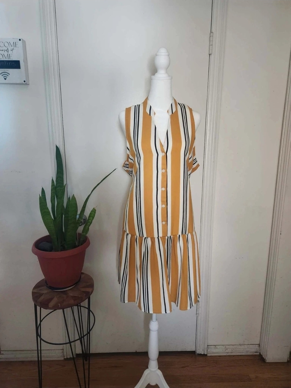 Nine West Yellow and Black Striped Button-Front Mini Dress